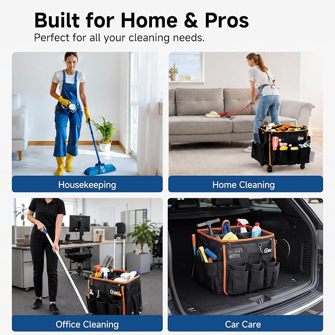 YMU Rolling Cleaning Caddy Bag, Cleaning Cart for Housekeeping | 30L Large Room | 4 in 1 Portable | Detachable Trolley | with Swivel Caster & Shoulder Strap | Waterproof Oxford Fabric