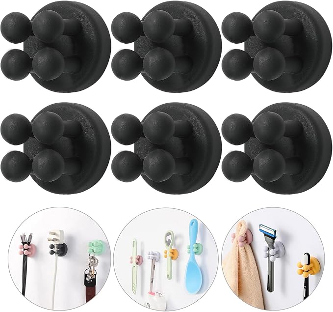 iBetterLife Razor Holder for Shower Wall - 6Pcs Self Adhesive Silicone Toothbrush Holders Wall Mounted Multi-function Cute Utility Hook for Hanging Towel for Bathroom Kitchen Living Room Office, Black