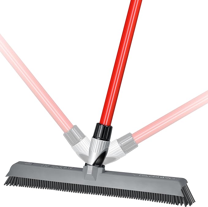 2-in-1 Silicone Rubber Broom Carpet Rake and Squeegee - Swivel Pet Hair Removal Broom - 1 Piece Long Handle - Slanted Side Bristles for Corners - Multipurpose Broom for Carpet, Hardwood Floor, Tile