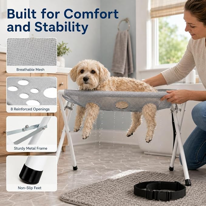 Dog Bath Hammock with Foldable Pet Bathing Stand (Blue) | For bathing, paw cleaning, nail trimming and grooming Small/Medium Dogs in showers, laundry rooms and home pet care areas