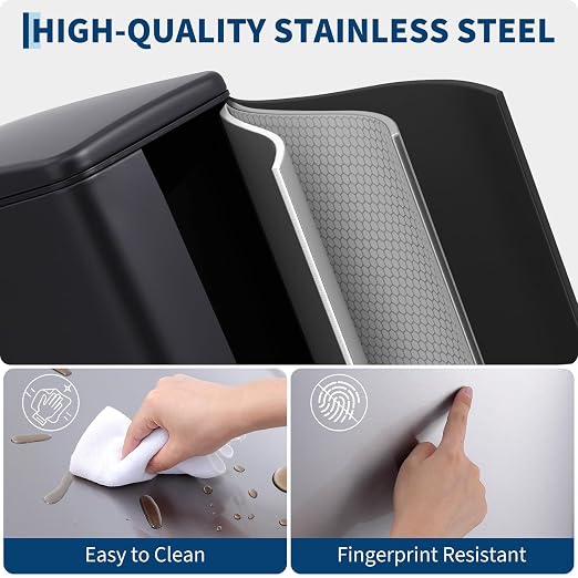Slim Narrow Kitchen Trash Can with Lid, 10L Stainless Steel Step Pedal Garbage Can, Soft Close & Stay Open Lid Design, Space Saving Trash Bin with Removable Inner Bucket for Kitchen, Bathroom,Sliver