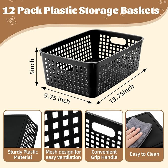 Lineshading 12 Pack Plastic Storage Baskets for Organizing, Black | 13 x 10'' Large Plastic Storage Baskets Bins with Grip Handles, Stackable Mesh for Cabinets, Desktops, Shelves, Home & Office