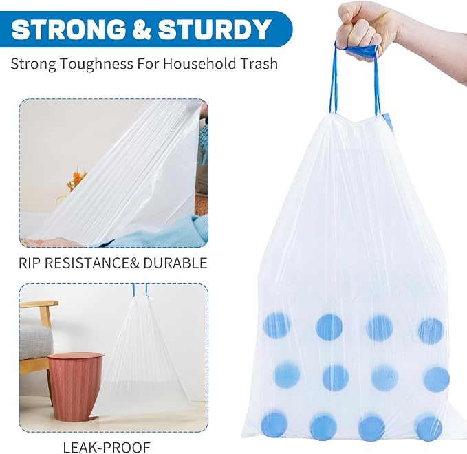 4 Gallon Trash Bags Drawstring, Small Trash Bags Tear-Free, 4 Gal Unscented White Small Garbage Bags, Separated Thick Plastic Wastebasket Liners for Toilet Home Office and Bedroom, 60 Count