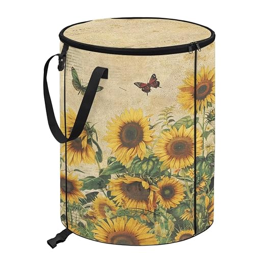 Sunflower Outdoor Trashcan Collapsible Pop up Trash Can with Handles and Lid Flodable Easy to Store Car Camping Supplies 24 Gallon Reusable Container for Yard Garden Waste