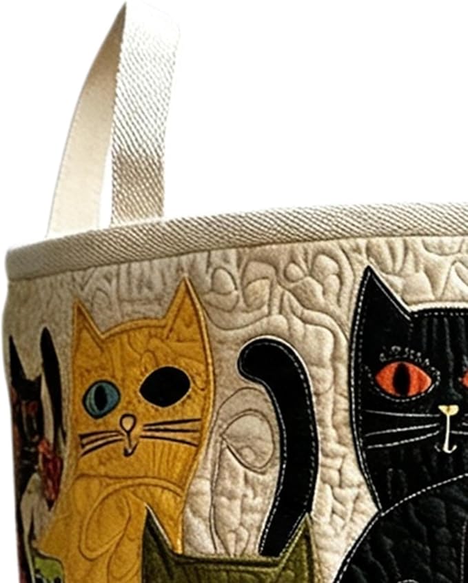 Quilted Laundry Basket, Cat Design Foldable Organizer Bin with Handles | Clothes Hamper Storage Basket, Laundry Storage Bag, for Bathroom Dorm Apartment Nursery Home