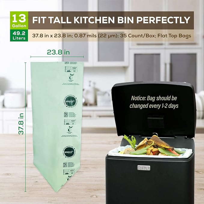 ANECO 100% Compostable Trash Bags 13 Gallon, 35 Count | Extra Thick Kitchen Compost Bags, Large Compostable Bags for Tall Kitchen Bin