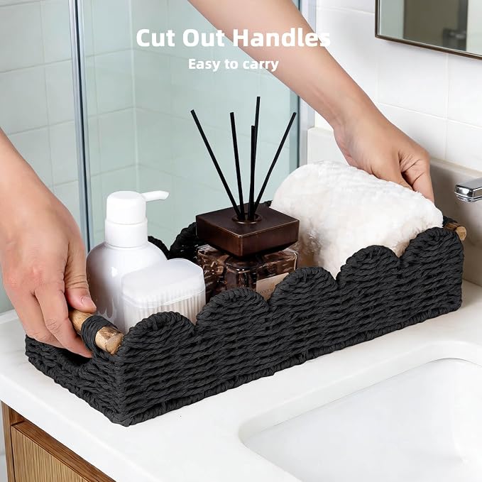 CubesLand Toilet Tank Paper Storage Basket Bathroom Decor Organizer Basket | Scalloped Decor Basket for Home, Living Room, Nursery, Wicker Bathroom Shelves Organization & Decorative Tray, Black