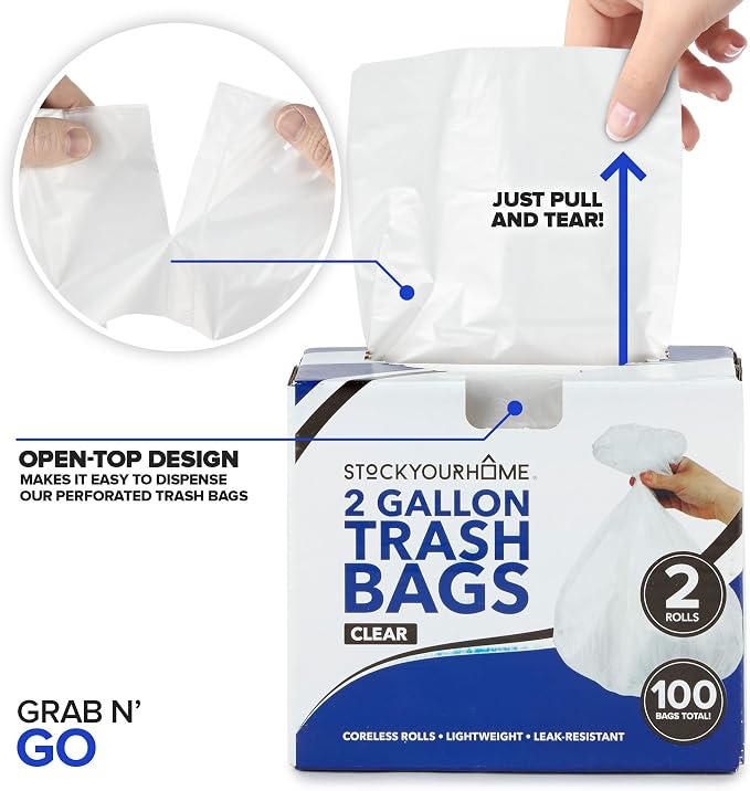 Stock Your Home 2 Gallon Unscented Small Garbage Bags, 100 Count, Leakproof, Versatile Usage, Grab-n-Go