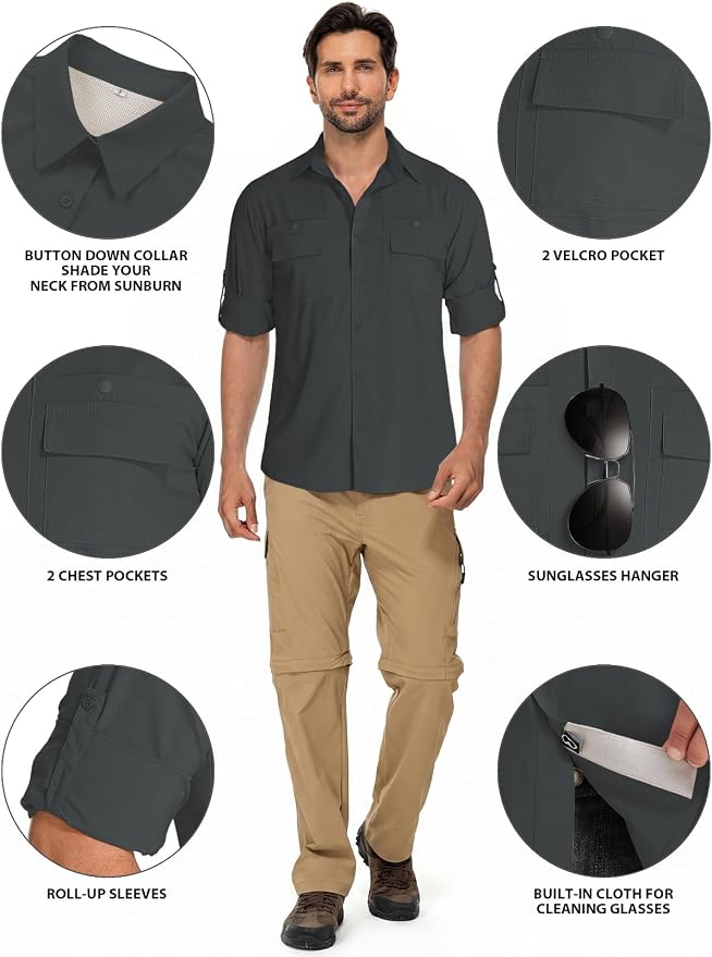 linlon Men's Safari Shirt UV Sun Protection Long Sleeve Hiking Travel | Button Down Mesh Back Vents UPF 50+ Quick Dry Breathable Cool Lightweight Outdoor Travel Fishing Gardening Clothes