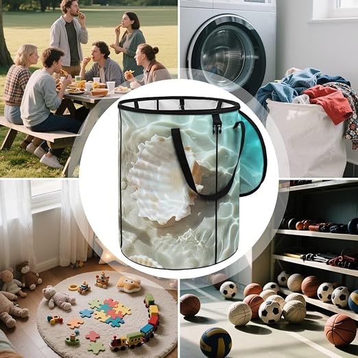 doginthehole Seaside Starfish Shells Trash Cans for Bathroom with Lid Decorative Collapsible Garbage Can Bags Waterproof Lightweight Outdoor Waste Bin for RV's Camping Picnic Beach Easy to Storage