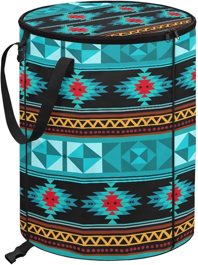 24 Gallon Large Capacity Collapsible Trash Can with Lid and Handles, Garden Leaf Bin Foldable Camping Trash Can for Yard Outdoor Picnics Blue Navajo Tribal Geometric Print