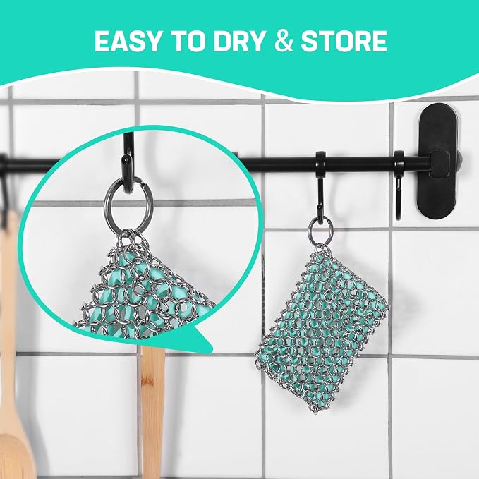 HAUSHOF Cast Iron Scrubber, Chainmail Scrubber Cast Iron Cleaner | Multi-Purpose Cleaning;Easy to Clean;Soft Silicone Liner;Protects Cast Iron Seasoning