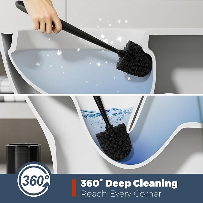 Holaloha Toilet Brush and Holder Set, Space Saving, 4 Pack, Black | Bathroom Accessories, Ergonomic Silicone Handle, Dense Bristles, Deep Cleaning, with 4 Crevice Brushes, Compact Design