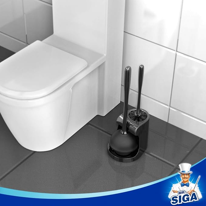 MR.SIGA Toilet Plunger and Brush Combo for Toilet Cleaning, Black, 2 Set | Heavy duty toilet brush and plunger set, toilet bowl brush and plunger with holder