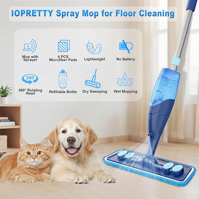 Microfiber Hardwood Floor Mop - Spray Mop with 4 Washable Pads | Wet Dry Use Mop, For Tile Wood Laminate Vinyl Marble Multi-Surface, 500+ ML Refillable Bottle, 360° Swivel Head, Dark Blue