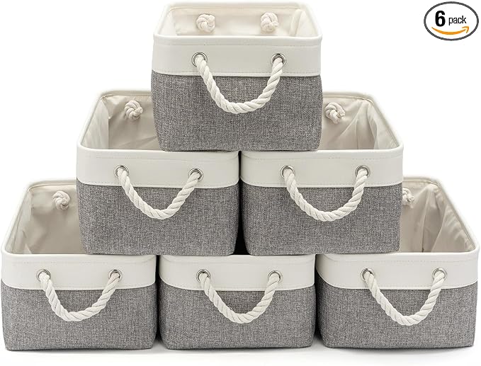 13.8x9.8x6.7 Inch Fabric Small Storage Bins with Handles 6 Pack | Foldable Storage Basket, Sturdy Metal Strand, Cardboard Support Molding, Small Baskets for Organizing, Shelves, White/Gray
