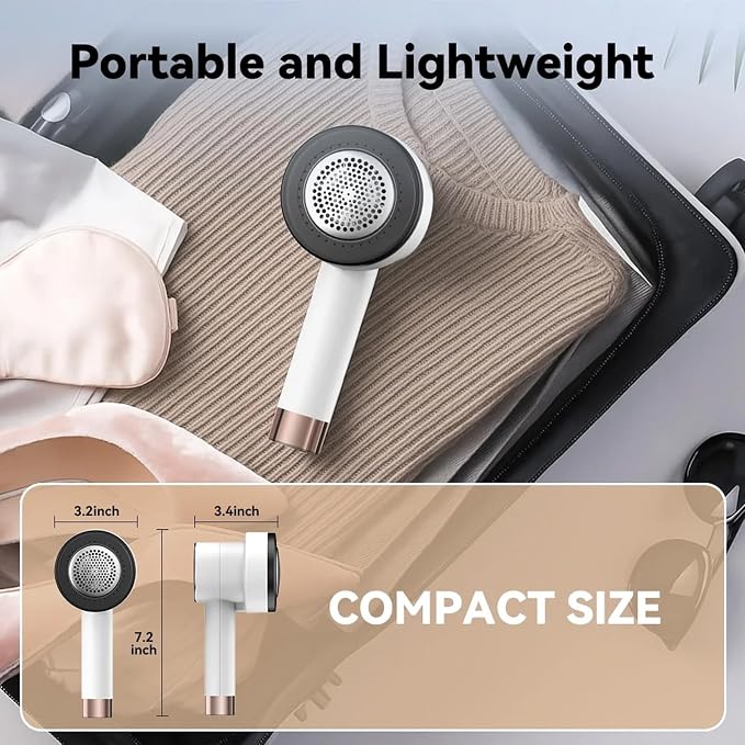 Rechargeable Fabric Shaver, 6-Leaf Blades, LED Display, 3 Speeds | Portable Lint Remover Easy to Remove Pilling, Fuzz & Lint Balls from Clothes, Sweater, Couch, Blanket, Furniture, Coat, White