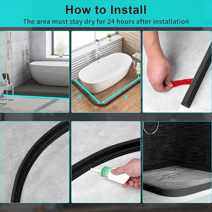 Hi-Na 3ft/5ft/6ft/8ft10ft Collapsible Shower Threshold Water Dam Water Barrier for Shower and Water Stopper Keeps Water Inside Water Threshold for Wet and Dry Separation (3ft, Black)