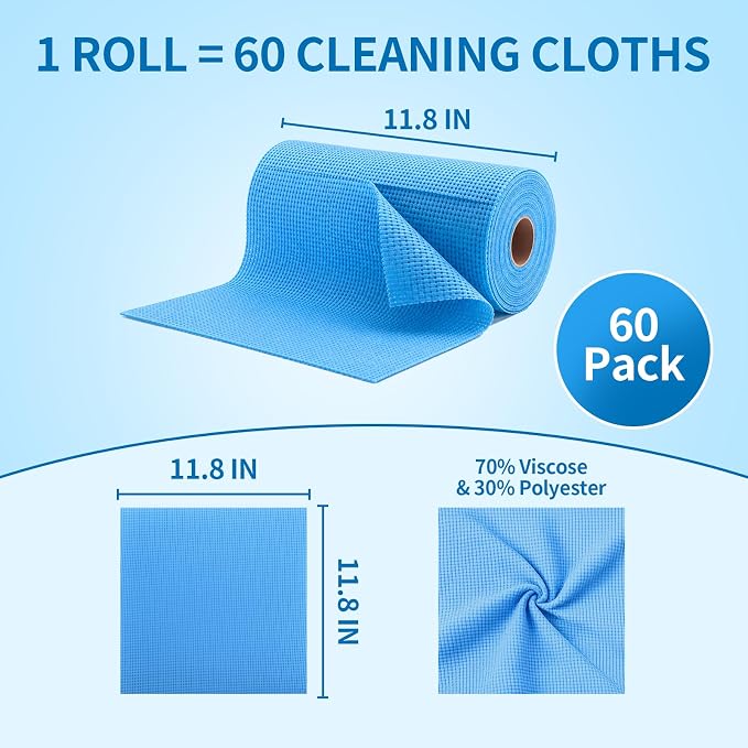 WETQUEEN Upgrade 60 Pack Microfiber Cleaning Cloth Roll - 11.8" x 11.8" Bubbled Reusable Rag for House, Kitchen, Car & Window - Tear Away Dish Rags & Wipe - 1 Roll Replaces 50 Paper Towels - Blue