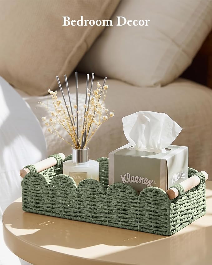 Toilet Paper Storage Basket for Toilet Tank, Bathroom Organizer | Scalloped Decorative Basket for Bathroom Home Decor, Woven Basket for Shelves, Living Room, Countertop, Paper Rope, Green