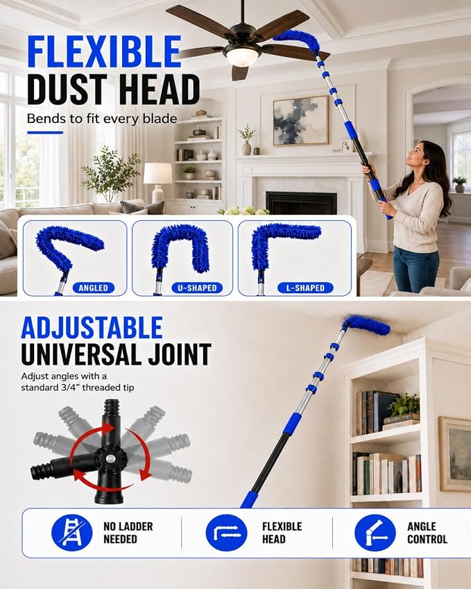 20 FT Ceiling Fan Cleaner Dusters with Telescoping Extension Pole | Extendable Duster for High Ceiling, Light Bulb Changer, Window Squeegee Washing Kit, Cobweb Brush Duster