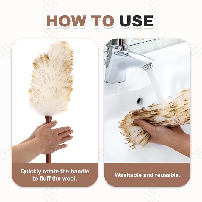 uxcell Wool Duster, 14.2" Natural Feather Cleaner Household Cleaning Duster with Solid Wooden Handle for Cleaning Fans Window Blinds Shelves Furniture, White Gold