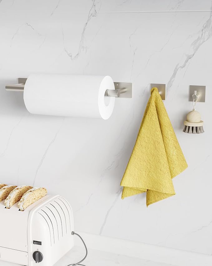Paper Towel Holder Under Cabinet with 2Hooks Self Adhesive Silver | Brushed Nickel 304 Stainless Steel Post Pivoting Design, Wall Mount for Kitchen Waterproof & Rustproof, Square Base