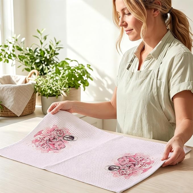 Hanamiya Na 2 Pcs Pink Hand Towels, Nail Polish Decor Reusable Dish Towels | Fashion Gifts for Women Mom Girls Friend, Waffle Weave Microfiber Towels for Bathroom Home Decor 24x14 Inch