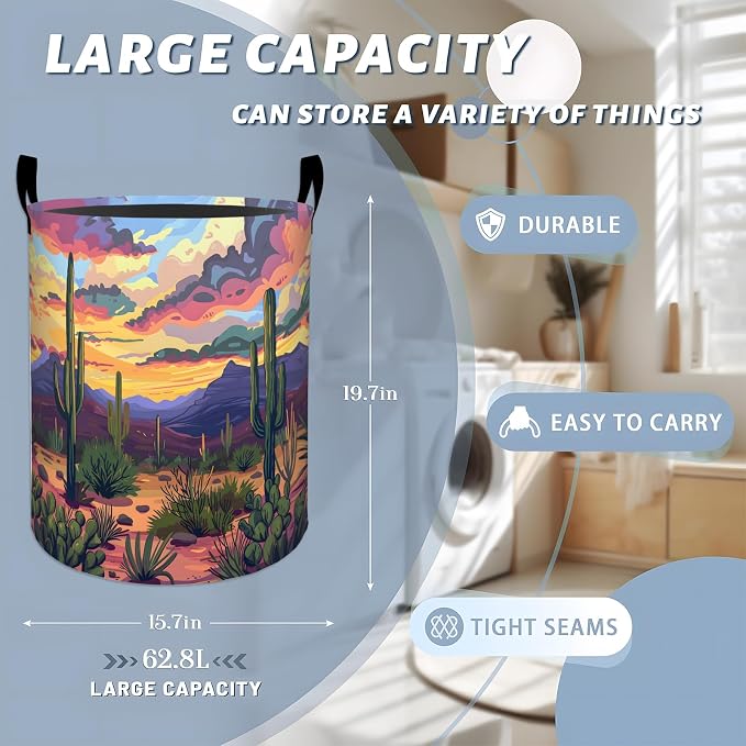 Cactus Laundry Basket with Handles, 19.7"x15.7" Clothes Foldable Colorful Sunset Desert Landscape Laundry Hamper Organizer for Dorm Nursery Bedroom Bathroom Decor, Toy Storage Bin for Kids