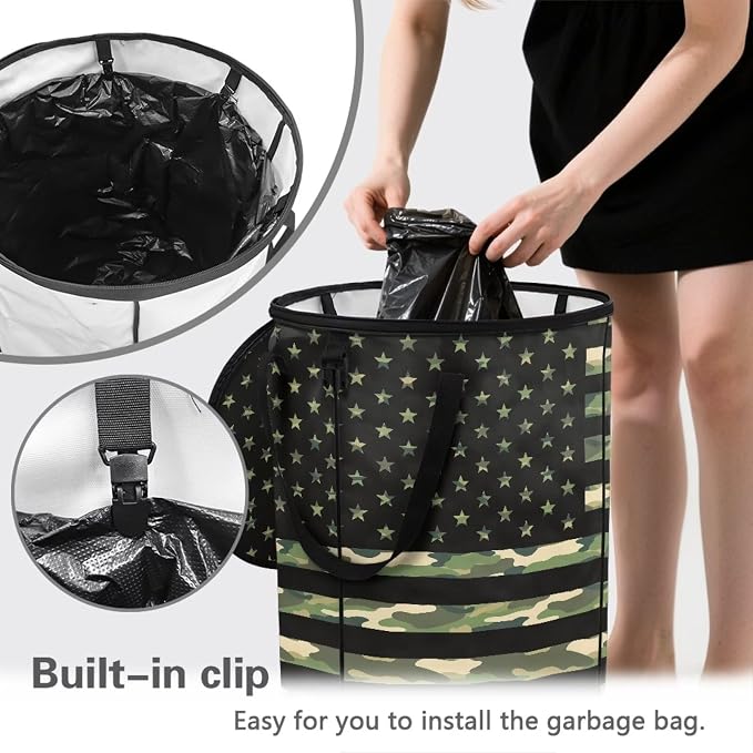 24Gal American Flag Collapsible Trash Can Camo Waterproof Pop-Up Bin w/Lid for Camping & Backyard | Leakproof Yard Waste Bag (Patriotic Decor)