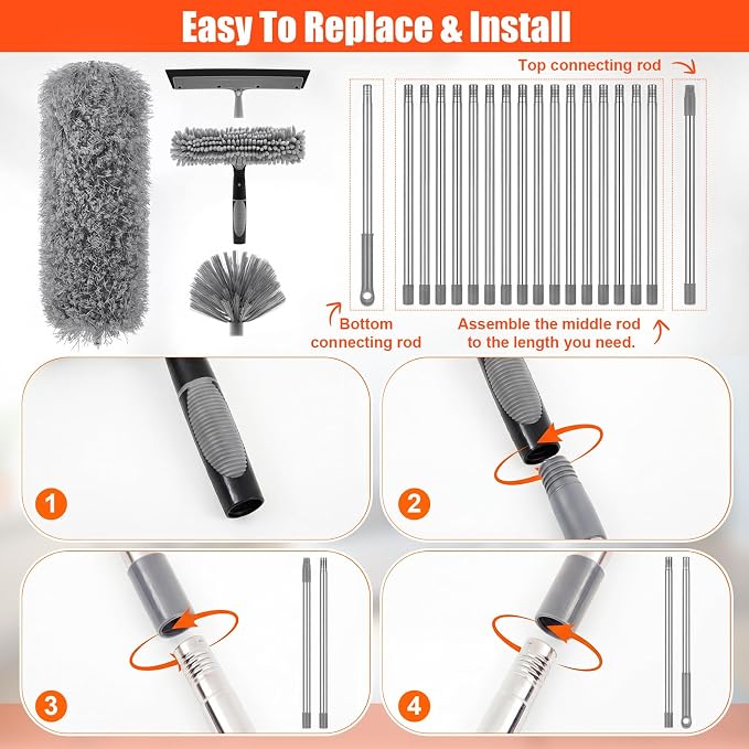 30 Feet High Reach Duster Kit with 2-24 ft Extension Pole High Ceiling Dusting and Window Cleaning Kit with Window Washer & Squeegee, Cobweb Duster, Washable Head for Ceiling Fan(Gray)