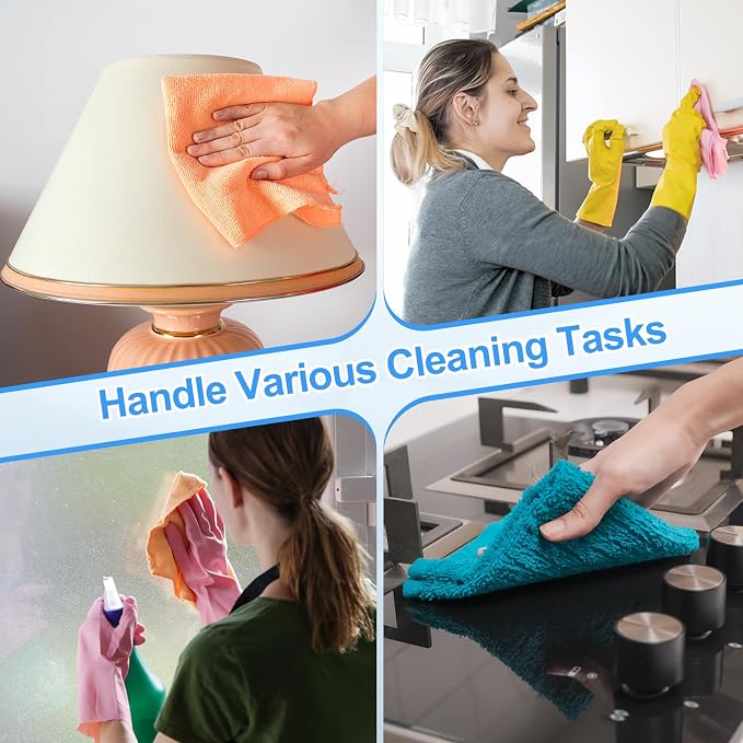 HARFINGTON 4 Pack Microfiber Cleaning Cloth, 12" x 12" Multi-Functional Cleaning Towels Reusable Absorbent Rags with Hook for Car Wash Kitchen Household Window Clean, Purple