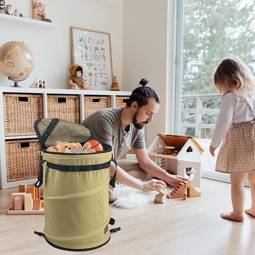 Sutekus Pop Up Storage Bin Collapsible Trash Can Recycle Container Reusable Utility Bag with Zippered Lid for Camping, Laundry, Garden (Khaki Color)