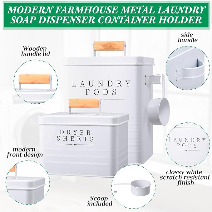Yaocom 2 Pcs Laundry Pod Container with Dryer Sheet Holder Farmhouse Laundry Room Decor Organization and Storage Detergent Container Box with Lid Handle Metal Dryer Sheet Dispenser(White)