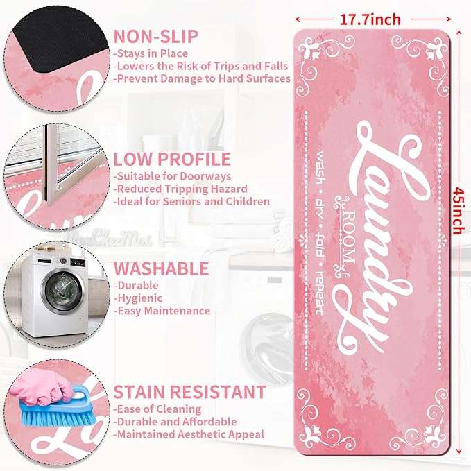 XLHOMO Laundry Room Rugs and Mats, 17.7"x45" Pink Laundry Room Rug Runner Non Slip, Washable Anti Fatigue Laundry Floor Mat for Mudroom, Kitchen, Washroom, Bathroom, Hallway, Entryway Carpet Decor