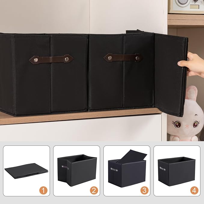 3 Pack Large Collapsible Storage Baskets for Shelves,14.9"x9.5" Fabric Closet storage Boxes with Leather Handles,Decorative Organizers Storage Bins for Clothes,Sheets,Toys,Books,(Black)