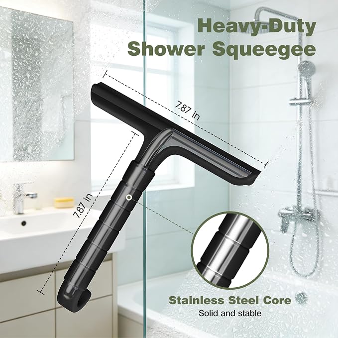 Roylvan Silicone Shower Squeegee for Glass Doors with Built-in Hook, Black | All-in-One Shower Squeegee with Ergonomic Grip, Household Window Mirror Cleaner for Bathroom Glass Kitchen Tile Wall Car