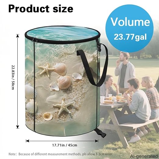 Beach Starfish Shell Pop up Outdoor Garbage Can 24 Gallon Collapsible Camping Trash Can with Zipper Lid Reusable Heavy-Duty Polyester Trash Bin for Campsites Boat Backyard Parties
