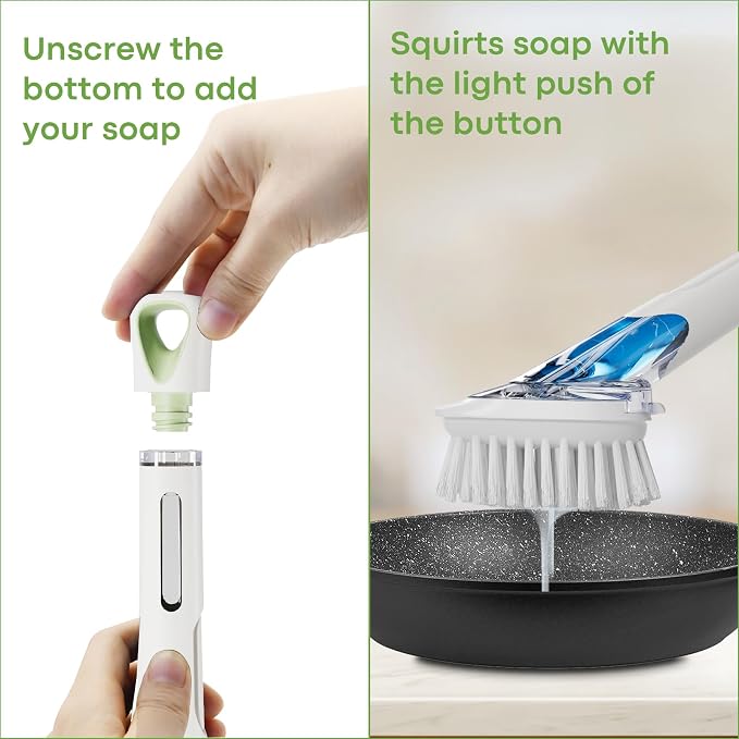 RIMAY Soap Dispensing Dish Brush Dish Scrubber with Soap Dispenser Handle | Dish Soap Brush and Dish Wand Heavy Duty Kitchen Cleaning Scraper Non-Scratch Scrubs Dishes, Pans, Sink, and Pots, White