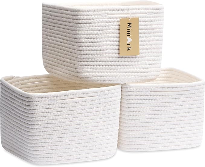 MiniArk Small Organizing Baskets for Cubes Shelf, 9.7x9.7x7.1 Inch Rope Woven Storage Bins for Nursery Shelves Storage, Cute Toy Basket, Square 3 Packs Off White