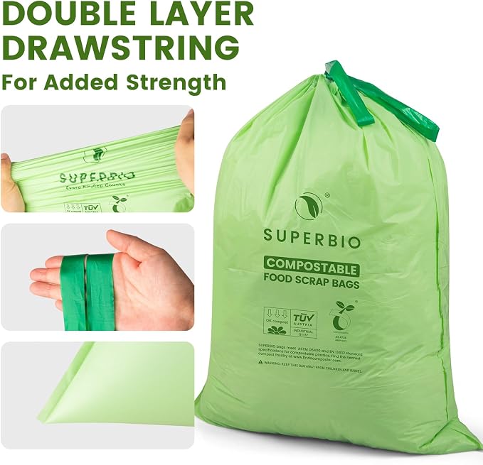 SUPERBIO 8 Gallon Compostable Drawstring Kitchen Waste Bags | 30.3 Liter, 30 Count, 1 Mil, Heavy Duty Food Waste Bags, BPI, Seedling and OK compost INDUSTRIAL