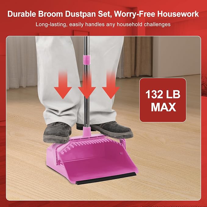 Broom with Dustpan Combo Set, 51'' Broom and Dustpan Set, Brooms and Dust Pan with Handle, Brooms with Standing Dustpans, House Broom for Pets Hair and Floor Cleaning - Pink