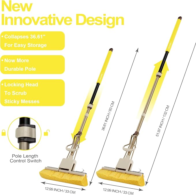 LILAC Cellulose Sponge Mop with 2 Replacement Heads, 4-Color Handle Choices for Zoned Cleaning, Super Absorbent Pop Up Roller Mop for Hardwood,Laminate Floors, Heavy Duty Floor Scrubber (Yellow)