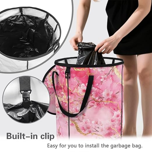 BIGCARJOB Marble Print Large Trash Can with Lids, Camping Trash Can Collapsible Garbage Cans Water Resistant Garbage Bin Storage for Outside, 22.83x17.71 in
