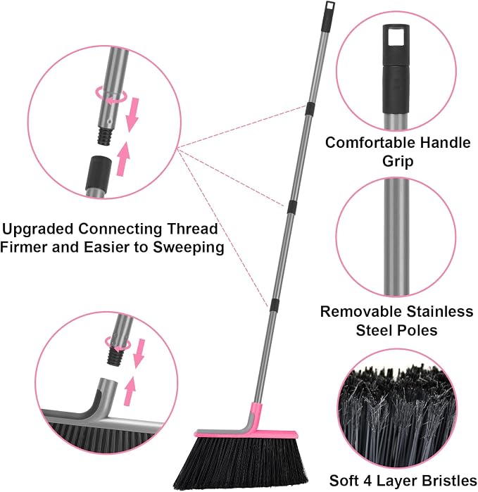 KeFanta Heavy Duty Outdoor Broom with 54.7" Long Handle, Pink | Commercial Brooms for Sweeping Outdoor Concrete Courtyard Garage Patio Indoor Home Floor Kitchen Office Lobby