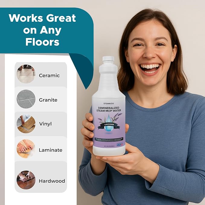 Steam & Go Demineralized Water for Steam Mop – Lavender Scent, 32 oz (Pack of 12)| Scented Floor Cleaner Solution, Ready-to-Use, Compatible with Any Steam Cleaner
