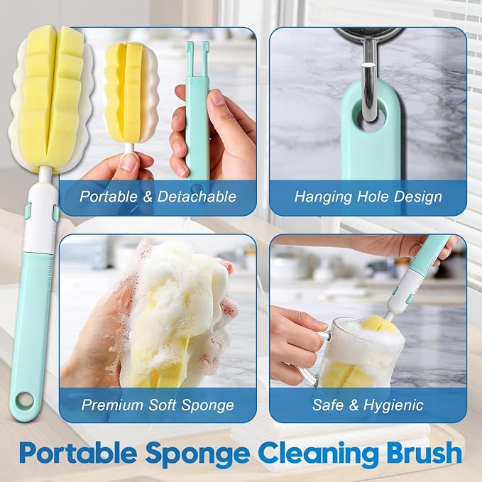 Bottle Brush Cleaner Set for Bottles, Cups and Straws Cleaning, 14 Pack | Long Handle Bottle Brushes | Sponge Brush | 3-in-1 Lid Cup Cleaning Brush | Straw Brushes in Assorted Diameters