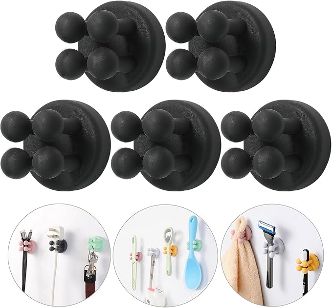 iBetterLife Razor Holder for Shower Hooks – 5Pcs Self Adhesive Wall Mounted Single Hook for Hanging Toothbrush, Functional Waterproof Utility Plug Holder for Bathroom Kitchen Living Room Office, Black
