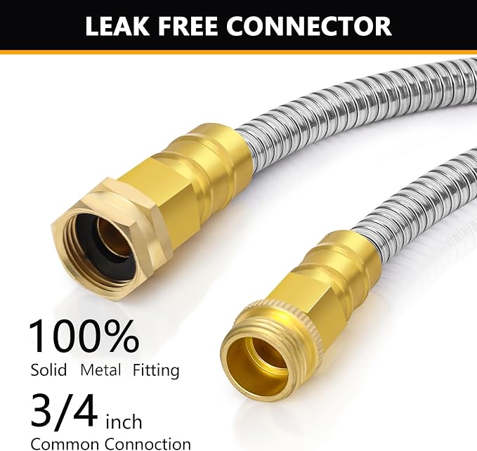 Metal Garden Hose 100 ft, Stainless Steel Water Hose 100ft with 10 Function Nozzle & 3/4 Copper Fitting, Heavy Duty & Flexible, Kink Free & Lightweight for Yard, Outdoor, Lawn, Patio & Car