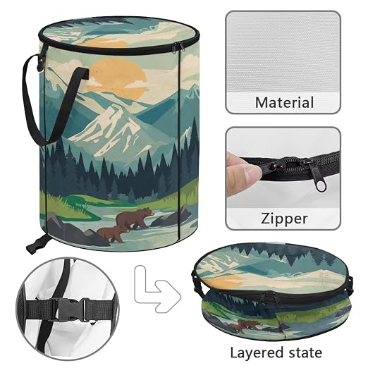 Landscape Bear Outdoor Trash Cans for Patio Collapsible Garbage Can 23 Gallon for Camping Water Resistant Storage Bin for Clothes Bedroom Trash Can Decorative
